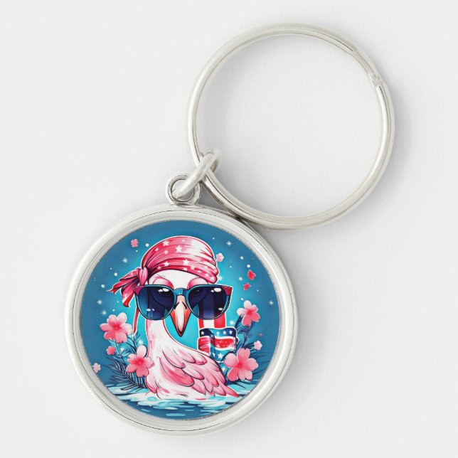 American Flag with Flamingo Cartoon-69681 Key Ring (Front)