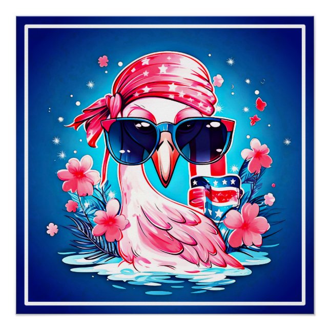 American Flag with Flamingo Cartoon-69681 Poster (Front)