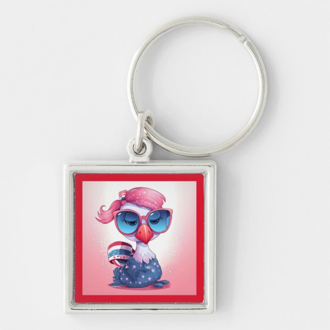 American Flag with Flamingo Cartoon  Key Ring (Front)