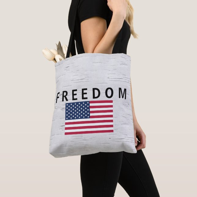 American Flag With FREEDOM Text On Birch Tote Bag (Close Up)