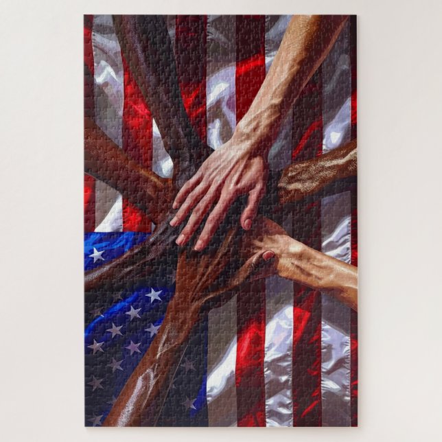 American Flag with hands from various Americans Jigsaw Puzzle (Vertical)