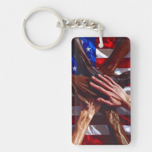 American Flag with hands from various Americans Key Ring