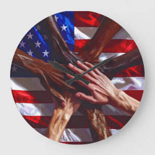 American Flag with hands from various Americans Large Clock
