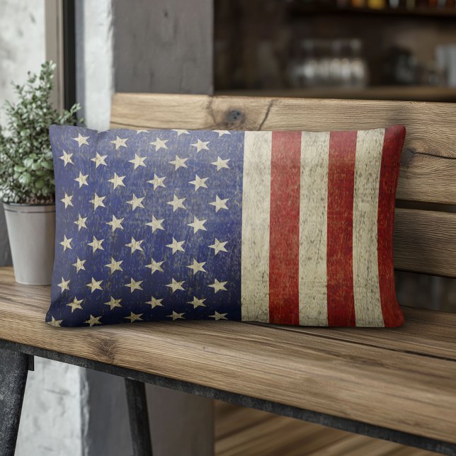 American Flag with vintage finish Lumbar Cushion (American Flag Pillow)