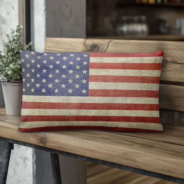 American Flag with vintage finish Lumbar Cushion (American Flag Pillow)