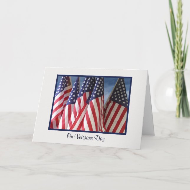 American Flags,  Clouds, Veterans Day Patriotic Card (Front)