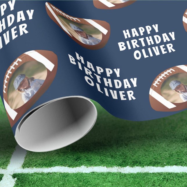 American Football Ball Happy Birthday Boy Photo Wrapping Paper (Creator Uploaded)