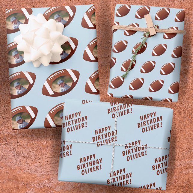 American Football Ball Happy Birthday Boy Photo Wrapping Paper Sheet (Creator Uploaded)