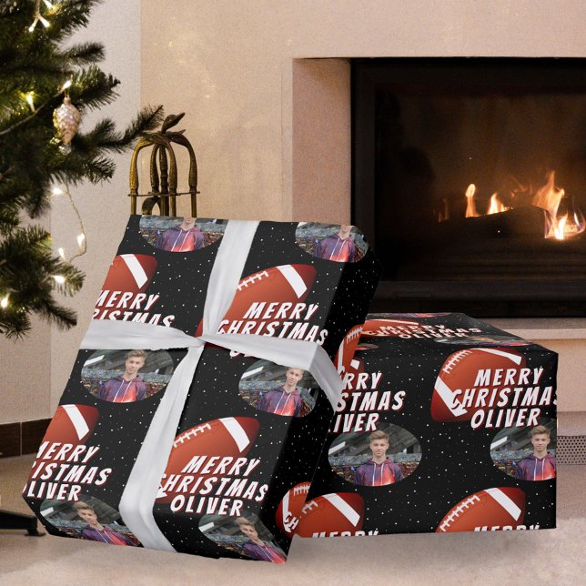 American Football Ball Merry Christmas Boy Photo Wrapping Paper (Creator Uploaded)