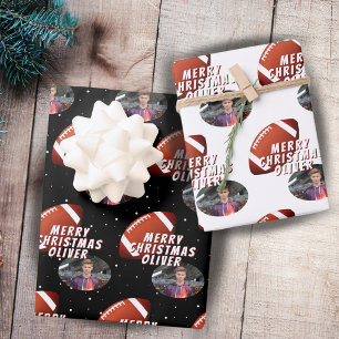 American Football Ball Merry Christmas Boy Photo Wrapping Paper Sheet