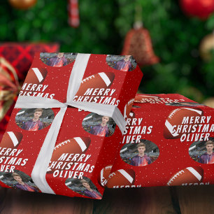 American Football Ball Merry Christmas Photo  Wrapping Paper