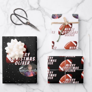 American Football Ball Merry Christmas Teen Photo Wrapping Paper Sheet
