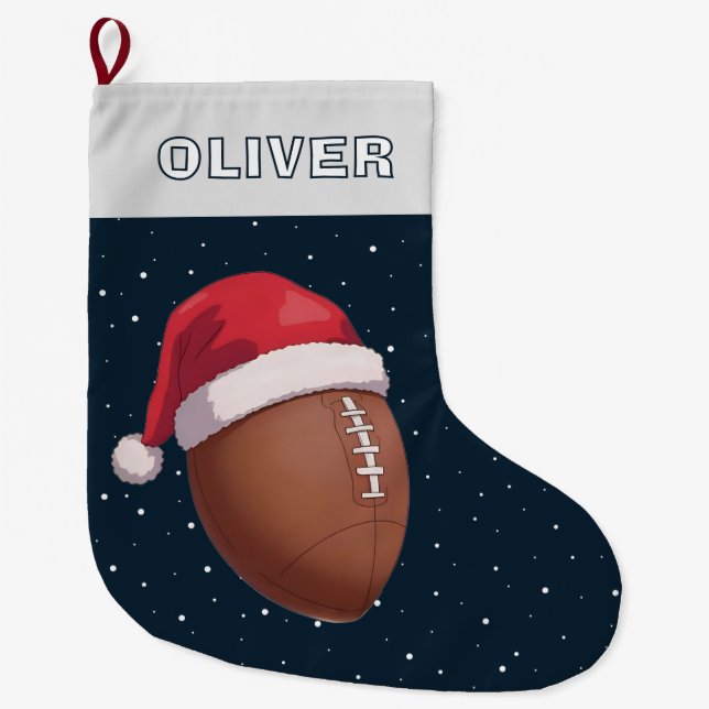 American Football Ball Red Santa Hat Name Large Christmas Stocking (Front)