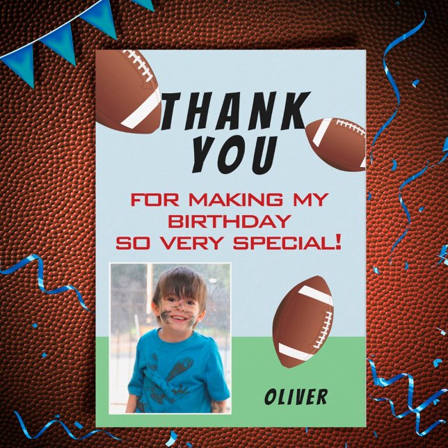 American Football Ball Sports Kids Birthday Photo Thank You Card (Creator Uploaded)