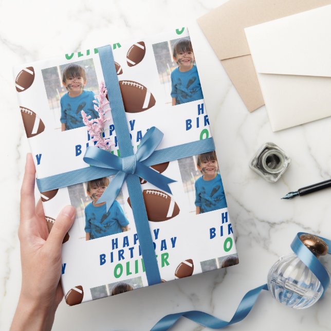 American Football Ball Sports Kids Birthday Photo Wrapping Paper (Gifting)
