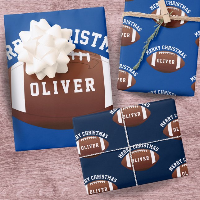 American Football Balls Name Blue Christmas Wrapping Paper Sheet (Creator Uploaded)
