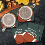 American Football Dark Green Square Paper Coaster<br><div class="desc">Customisable paper coasters feature an American football on dark green and the words "It's Game Day!" along with your last name. MORE colours and matching items in our store.</div>