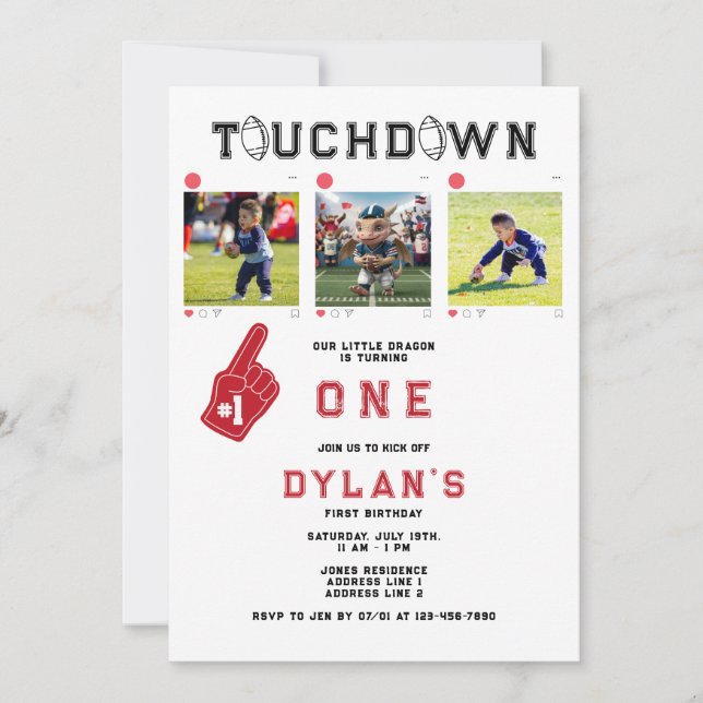 American Football Dragon Turning One 1st Birthday Invitation (Front)