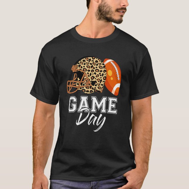 American Football Game Day Helmet Leopard Sport Pl T-Shirt (Front)