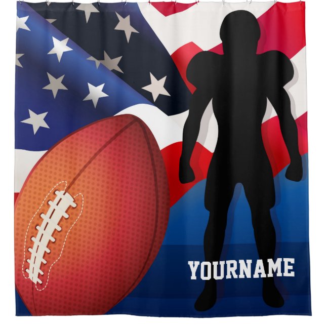 American Football Player Silhouette with US Flag Shower Curtain (Front)