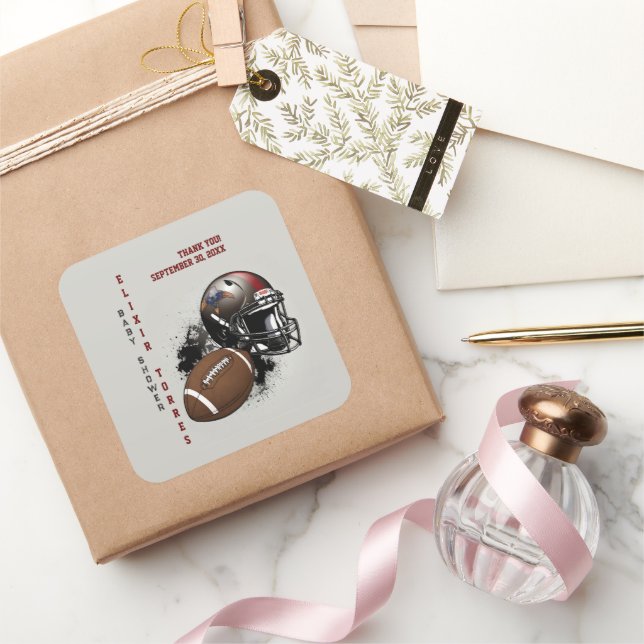 American Football Red & Black Baby Shower Square Sticker (Gifting)