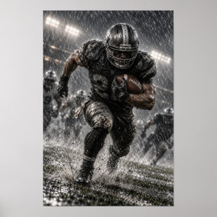 American Football Running Back in Rain – Dramatic Poster