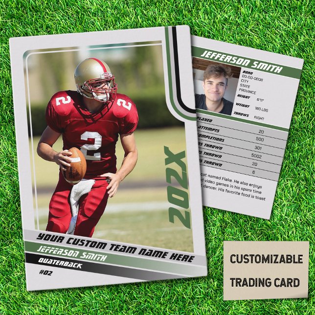 American Football Trading Card Custom Gift Green (American Football Player Trading Card in Grey with Custom Team and Player Name with Green Stripes)