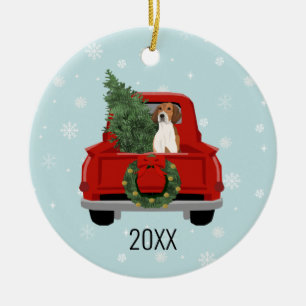 American Foxhound Christmas Red Truck Ceramic Tree Decoration