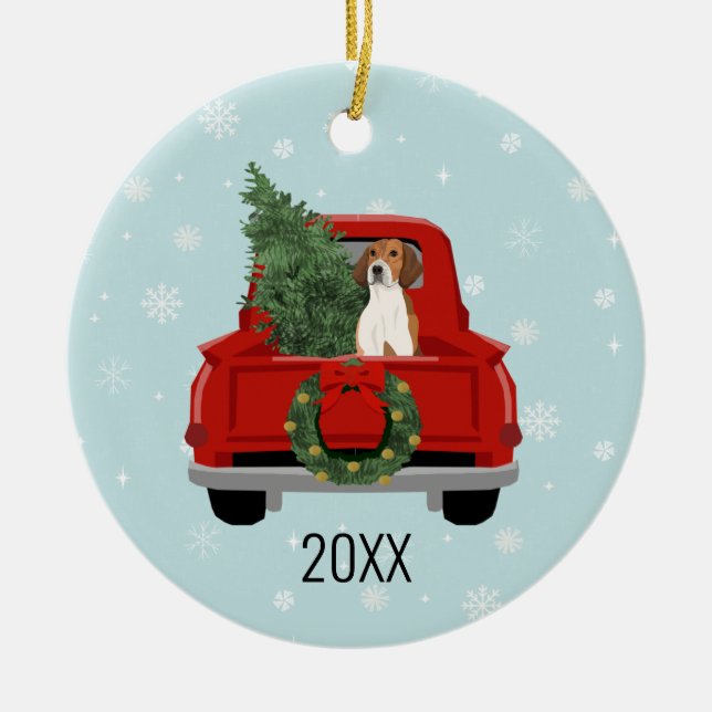 American Foxhound Christmas Red Truck Ceramic Tree Decoration (Front)