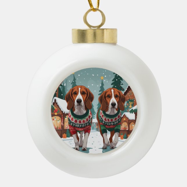 American Foxhound Dogs Christmas Snow Holiday Ceramic Ball Christmas Ornament (Front)