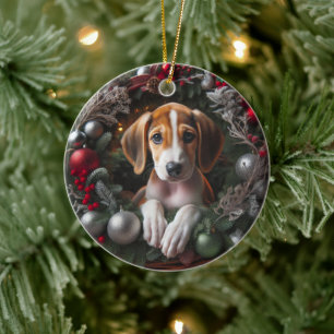 American Foxhound Puppy Sitting Christmas Wreath Ceramic Tree Decoration