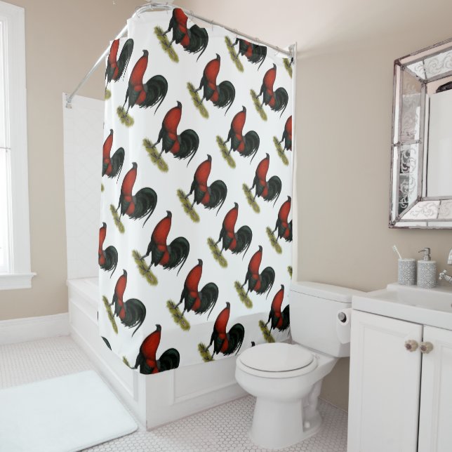 American Game BB Black Red Rooster Shower Curtain (In Situ)