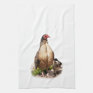 American Game Hen and Baby Chickens Tea Towel