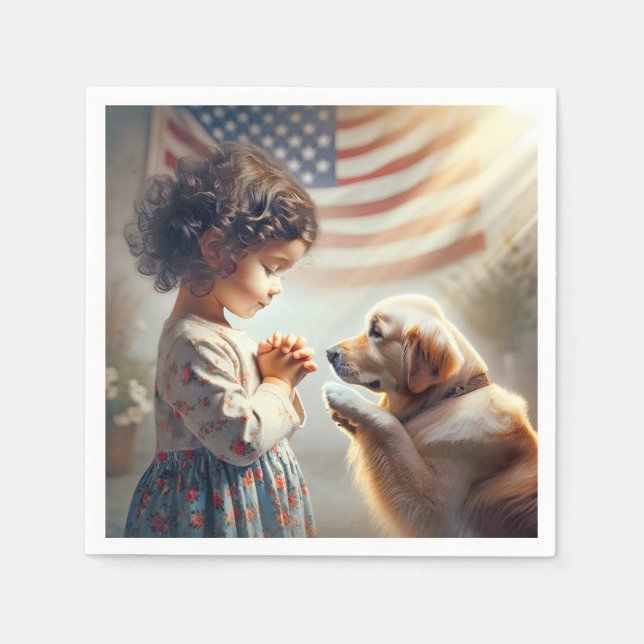 American Girl With Dog Praying Napkin (Front)
