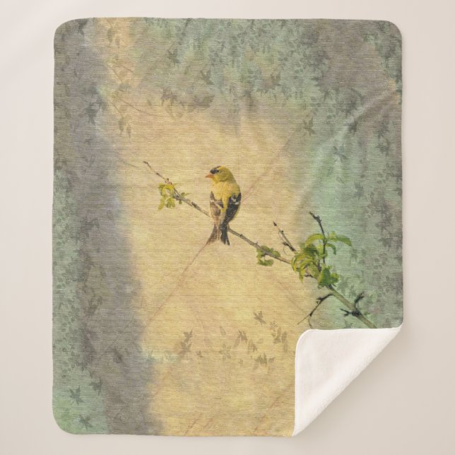 American Gold Finch on Branch Yellow Green Sherpa Blanket (Front)