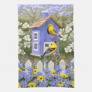 American Goldfinch Bird House Flower Garden Tea Towel
