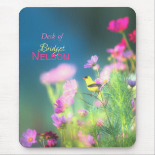 American Goldfinch Bird Pink Cosmos Flowers  Mouse Pad