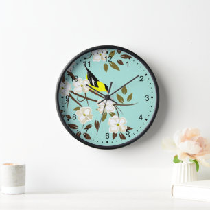 American Goldfinch On Flowering Dogwood Branch Clock