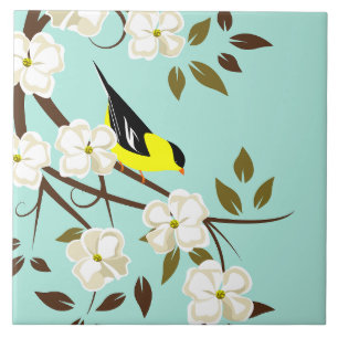American Goldfinch On Flowering Dogwood Branch Tile