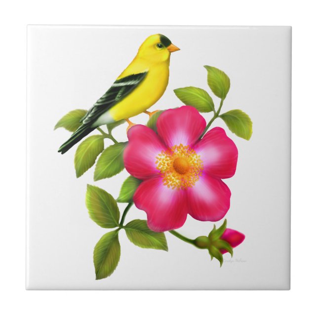 American Goldfinch on Wild Rose Ceramic Tile (Front)
