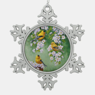 American Goldfinches & Pink Apple Blossoms Snowflake Pewter Christmas Ornament
