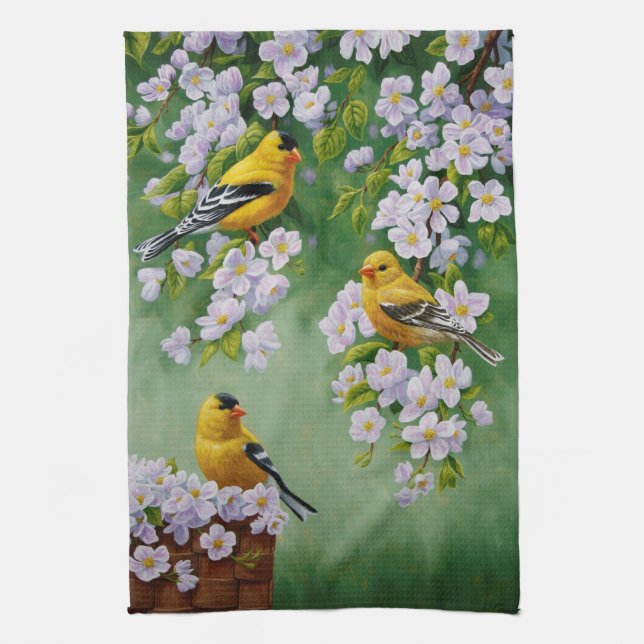 American Goldfinches & Pink Apple Blossoms Tea Towel (Vertical)