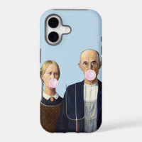 American Gothic blowing pink bubble gum