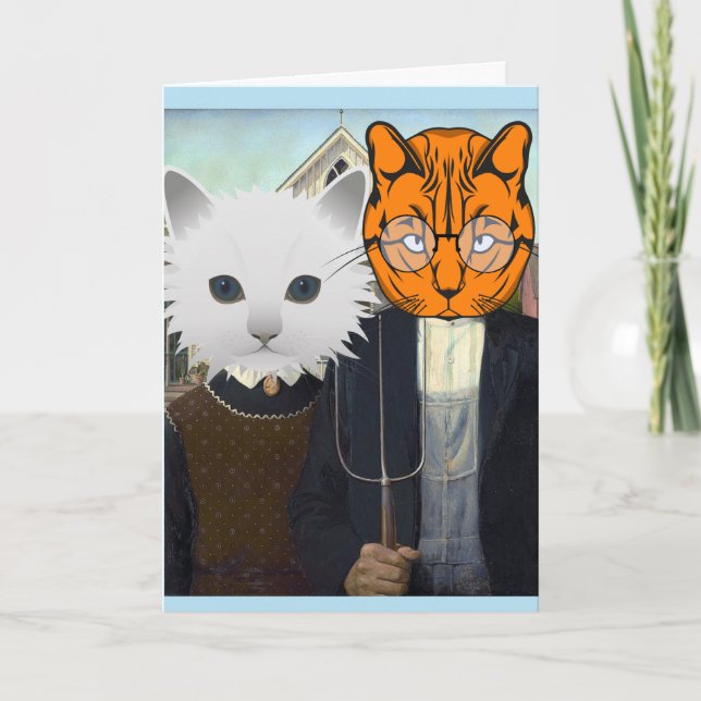 AMERICAN GOTHIC CAT WEDDING CONGRATULATIONS CARD (Front)