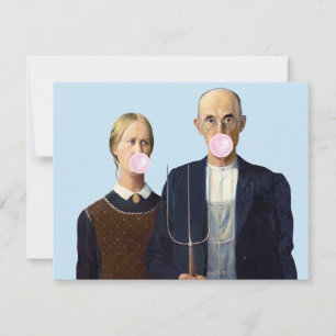 American Gothic couple blowing bubble gum