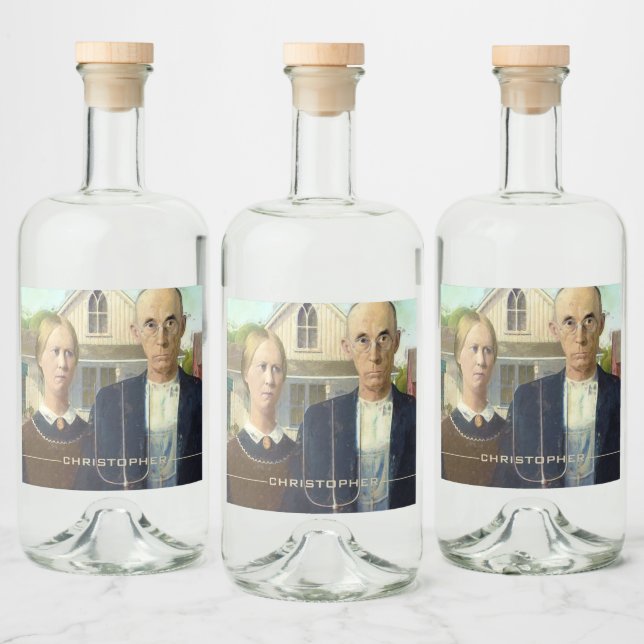 American Gothic Fine Art Oil Painting Add Name Liquor Bottle Label (Bottles)