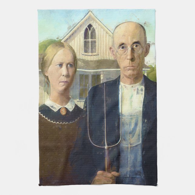 American Gothic Fine Art Oil Painting Masterpiece Tea Towel (Vertical)