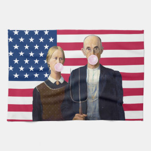 American Gothic Pink Bubble gum USA Flag  Tea Towel