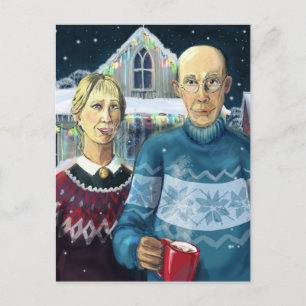American gothic - winter parody postcard