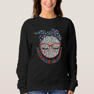 American Grandma 4th Of July Leopard Messy Bun Pat Sweatshirt